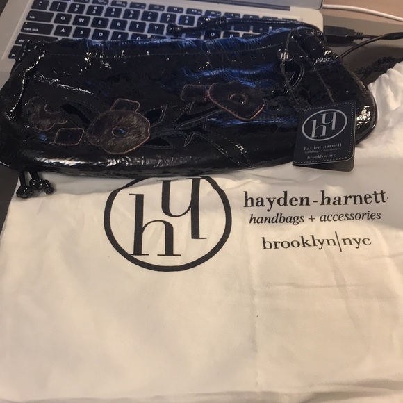 Hayden-Harnett  Black Patent Leather Clutch Floral VEGAN NYC Designer - Picture 2 of 7